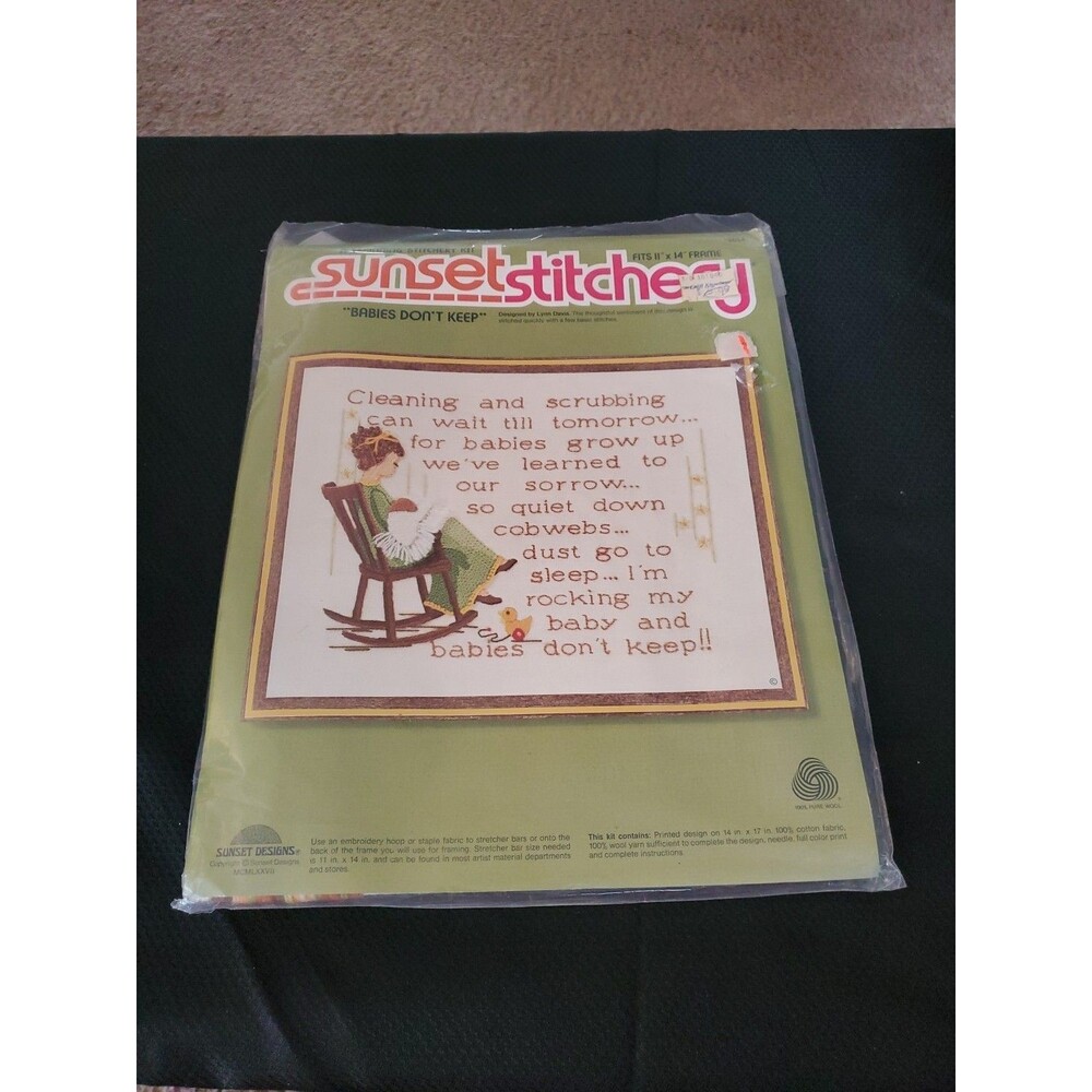 Sunset Stitchery 2654 BABIES DONT KEEP Crewel Embroidery Kit 11 X 14 Sealed 1977